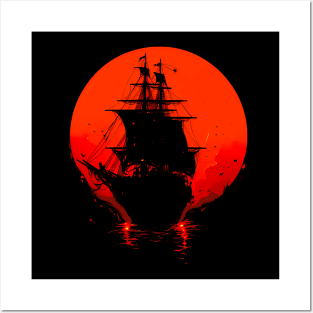 Red moon and boat Posters and Art